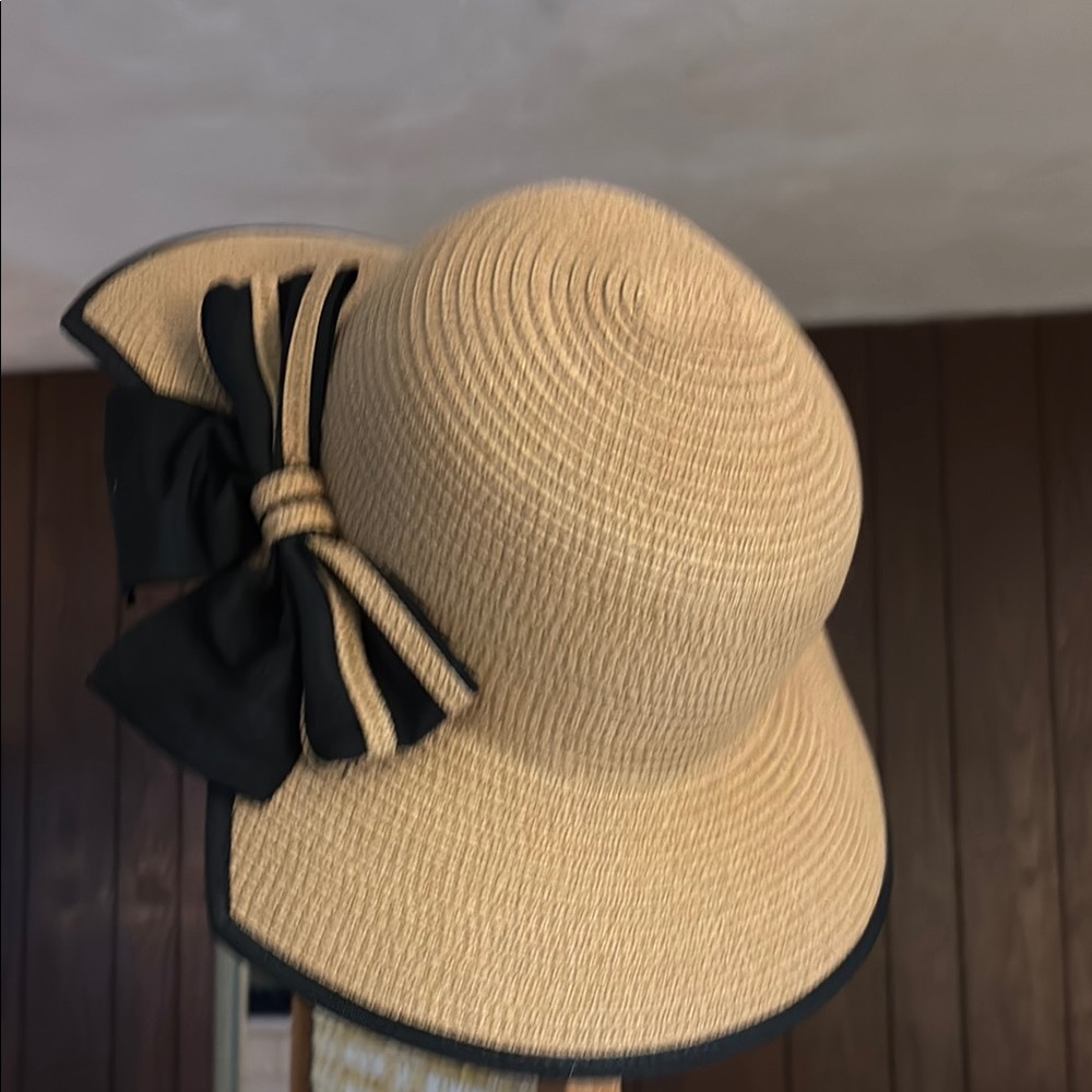 Ellen Tracy Tan and Black Woven Sun Hat with Bow